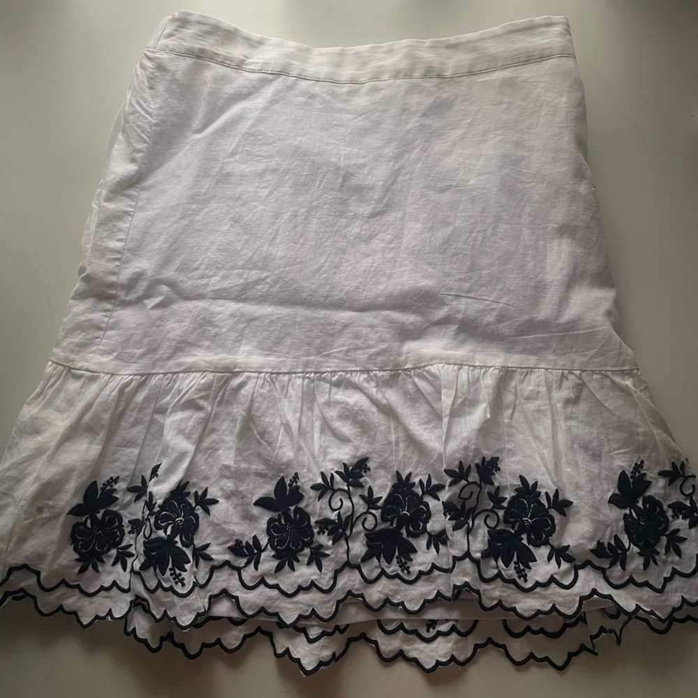 J Crew White linen navy embroidered skirt